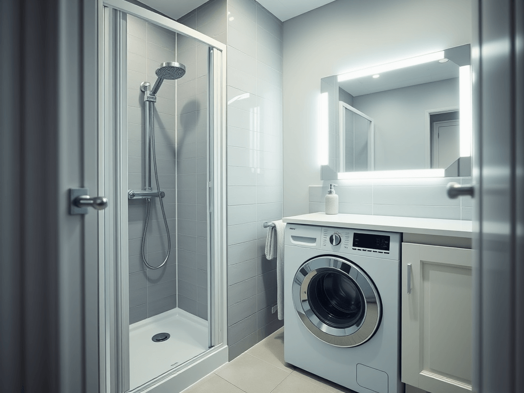 Bardzo mała łazienka z prysznicem i pralką – inspiracje