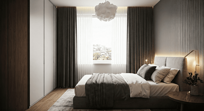 alt_text: Pokój z niskim sufitem, jasnymi kolorami, dużymi lustrami i minimalistycznym wystrojem.