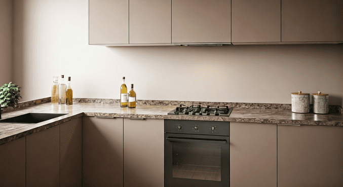 alt_text: Nowoczesna kuchnia z wyspą, wąskimi szafkami i eleganckim wystrojem, idealna do małych przestrzeni.