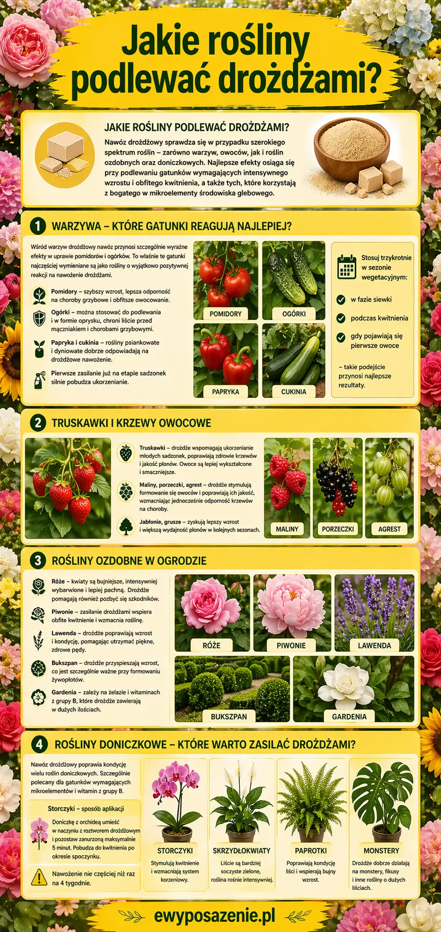Jakie rośliny podlewać drożdżami infografika