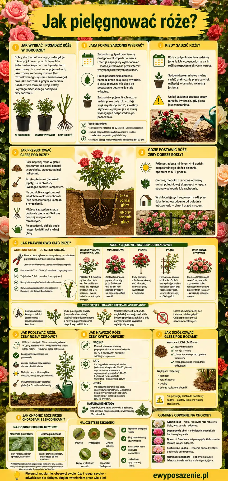 jak pielęgnować róże infografika