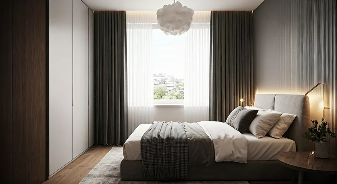 alt_text: Pokój z niskim sufitem, jasnymi kolorami, dużymi lustrami i minimalistycznym wystrojem.