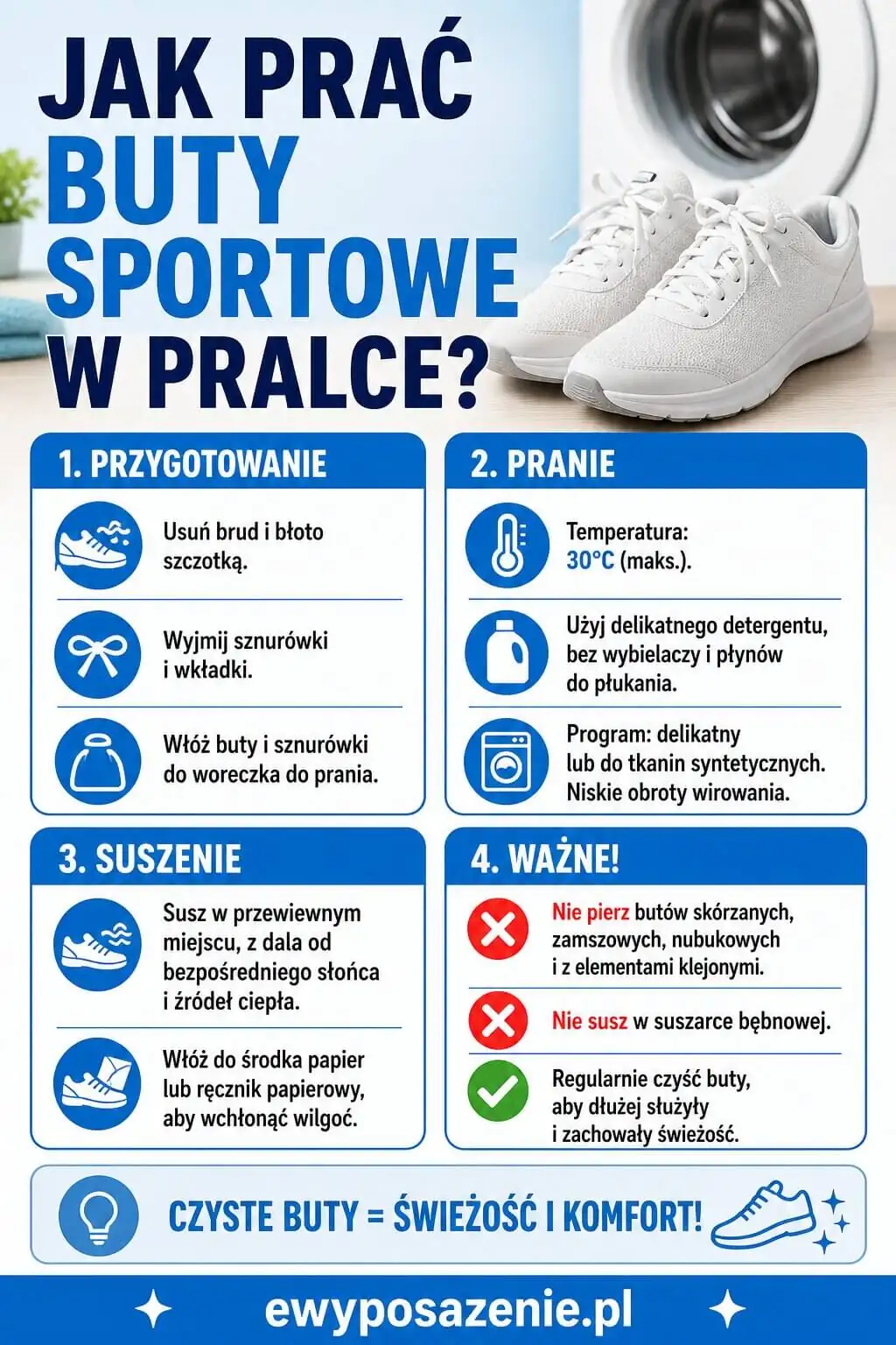 Jak prać buty sportowe w pralce infografika 