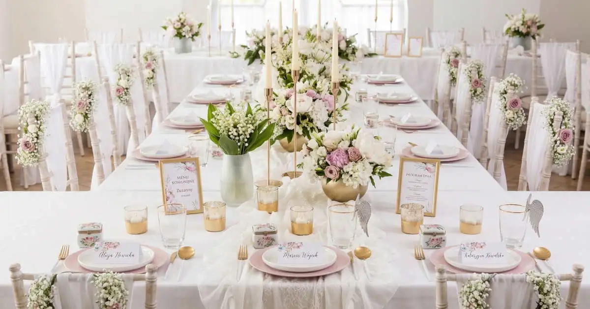 elegancko ozdobiony stół komunijny