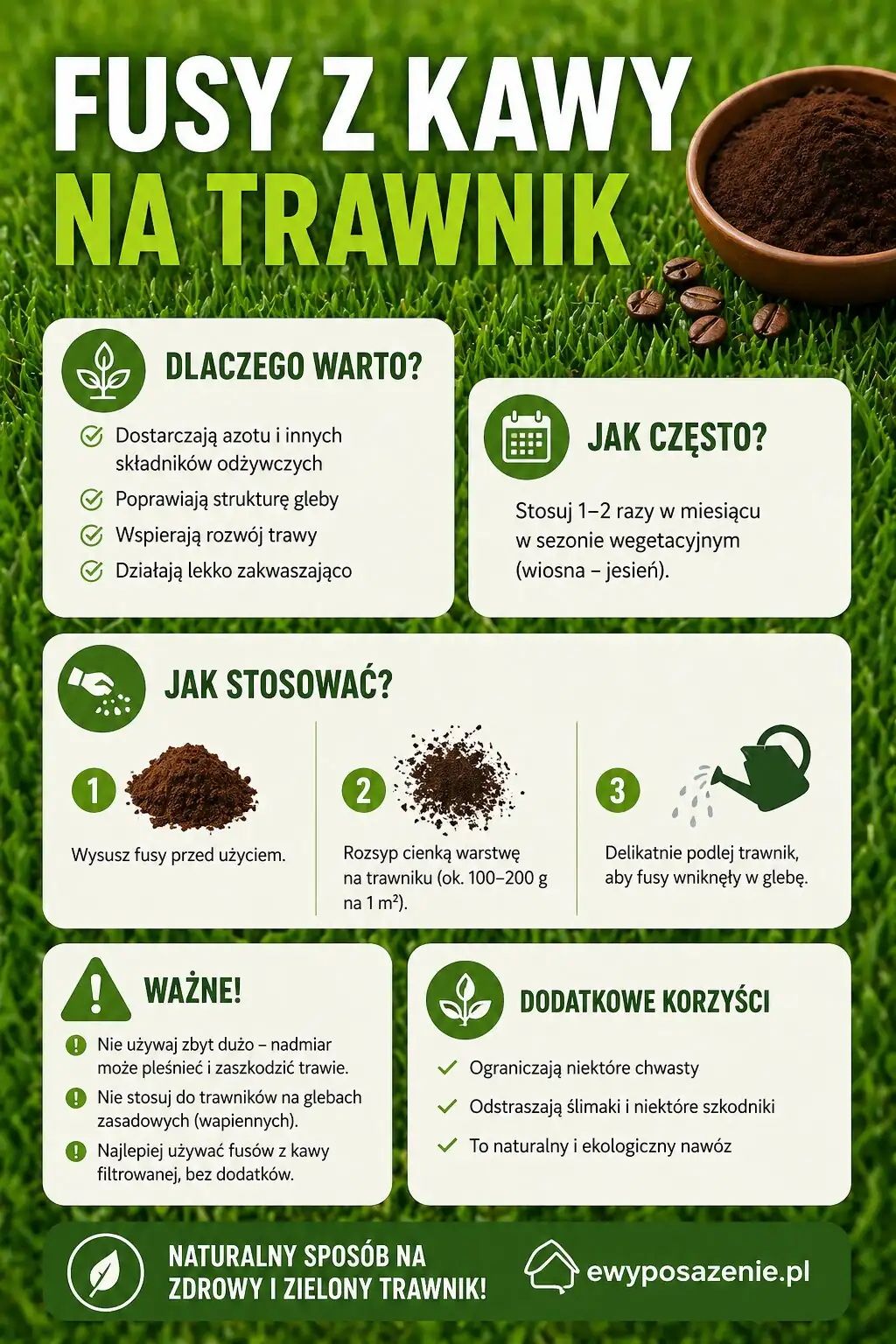 Fusy z kawy na trawnik infografika