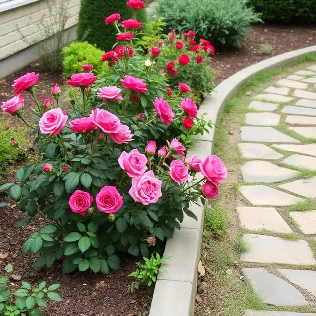 rabata z różami między domem a ścieżką