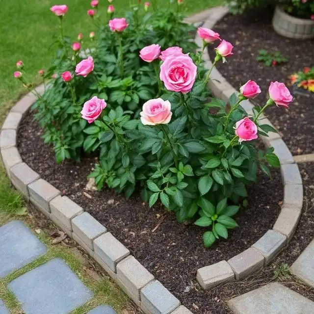 rabata z różami obok ścieżki