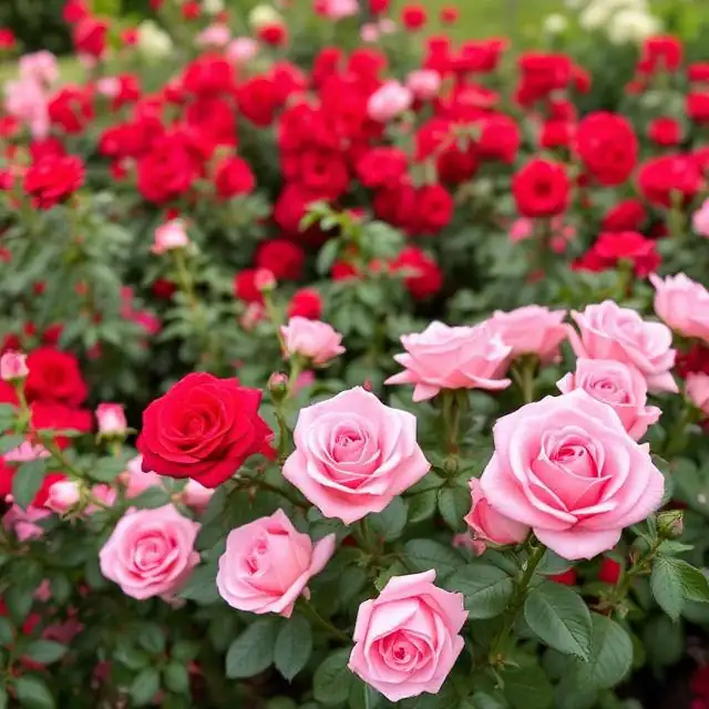 rabata z różami w przybliżeniu na róże czerwone i różowe