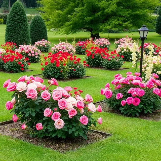 kilkanaście małych rabat z różami