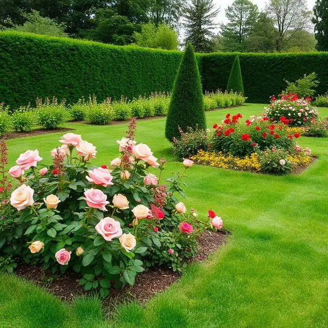 kilka rabat z różami w tle żywopłot