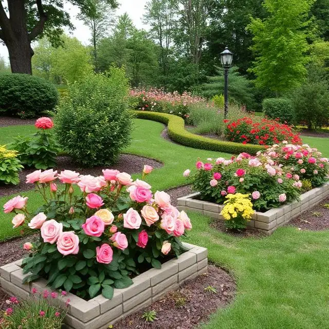 rabaty z różami obudowane białymi cegłami