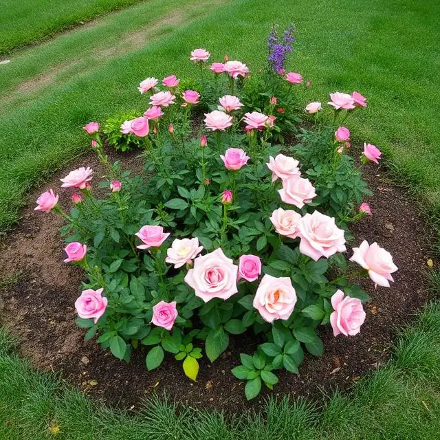 okrągła rabata z różami wewnątrz trawnika