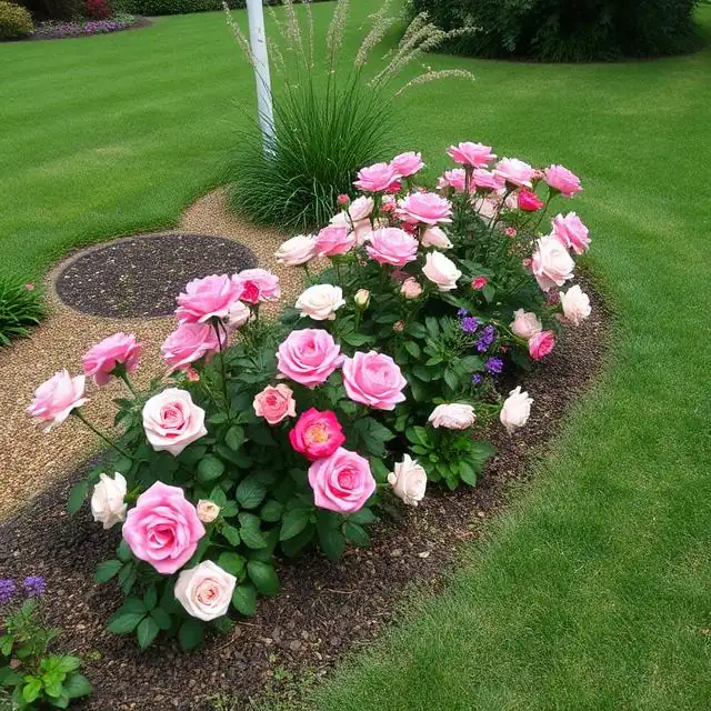 podłużna rabata z różami wewnątrz trawnika