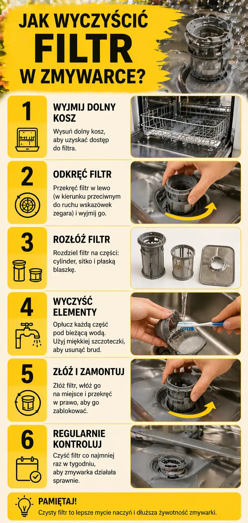 Jak wyczyścić filtr w zmywarce infografika