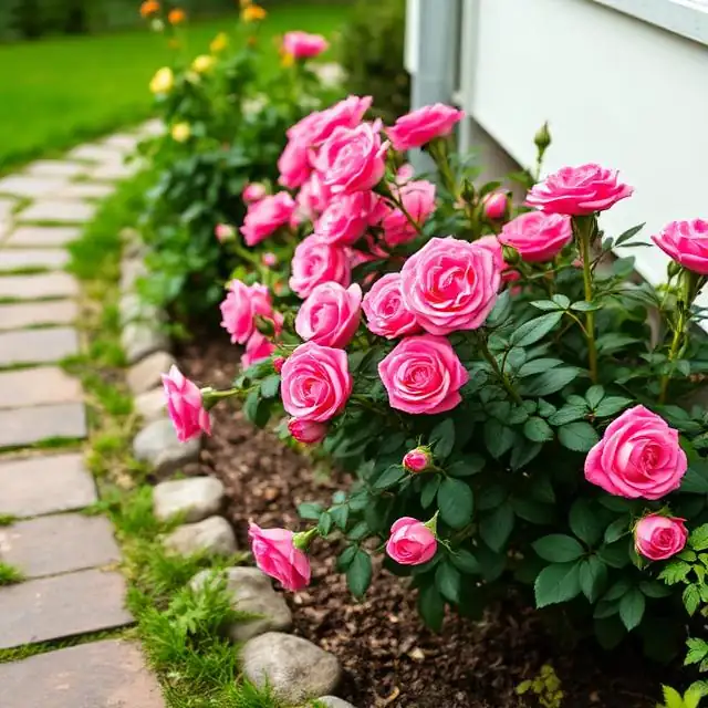 rabata z różami obok domu i obok ścieżki