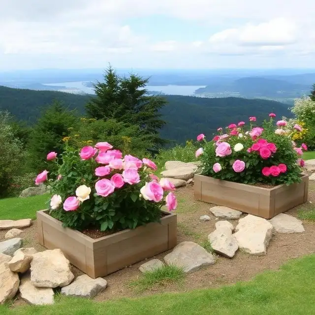 dwie rabaty z różami w drewnianych boxach pomiędzy kamieniami