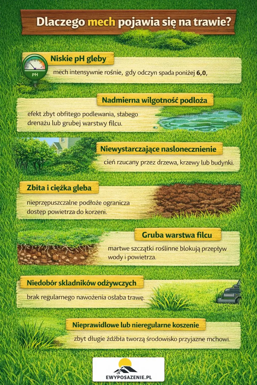 Dlaczego mech pojawia się na trawniku inforgrafika