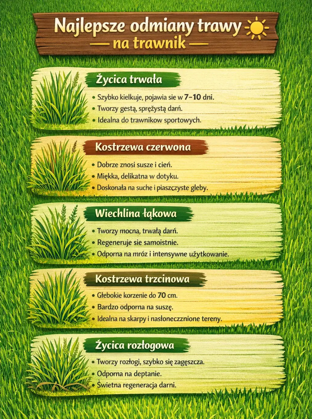 najlepsze odmiany trawy na trawnik inforgrafika