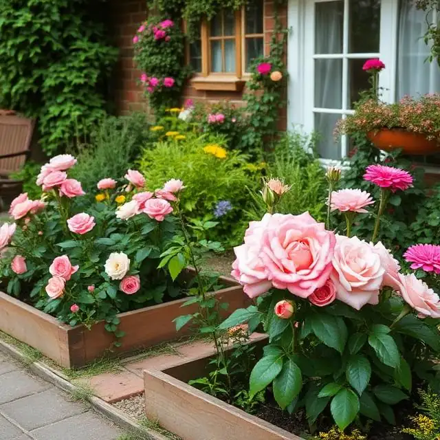 dwie duże rabaty z różami w drewnianych skrzyniach, w tle wiejski dom