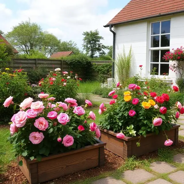 dwie duże rabaty z różami w drewnianych skrzyniach, w tle wiejski dom