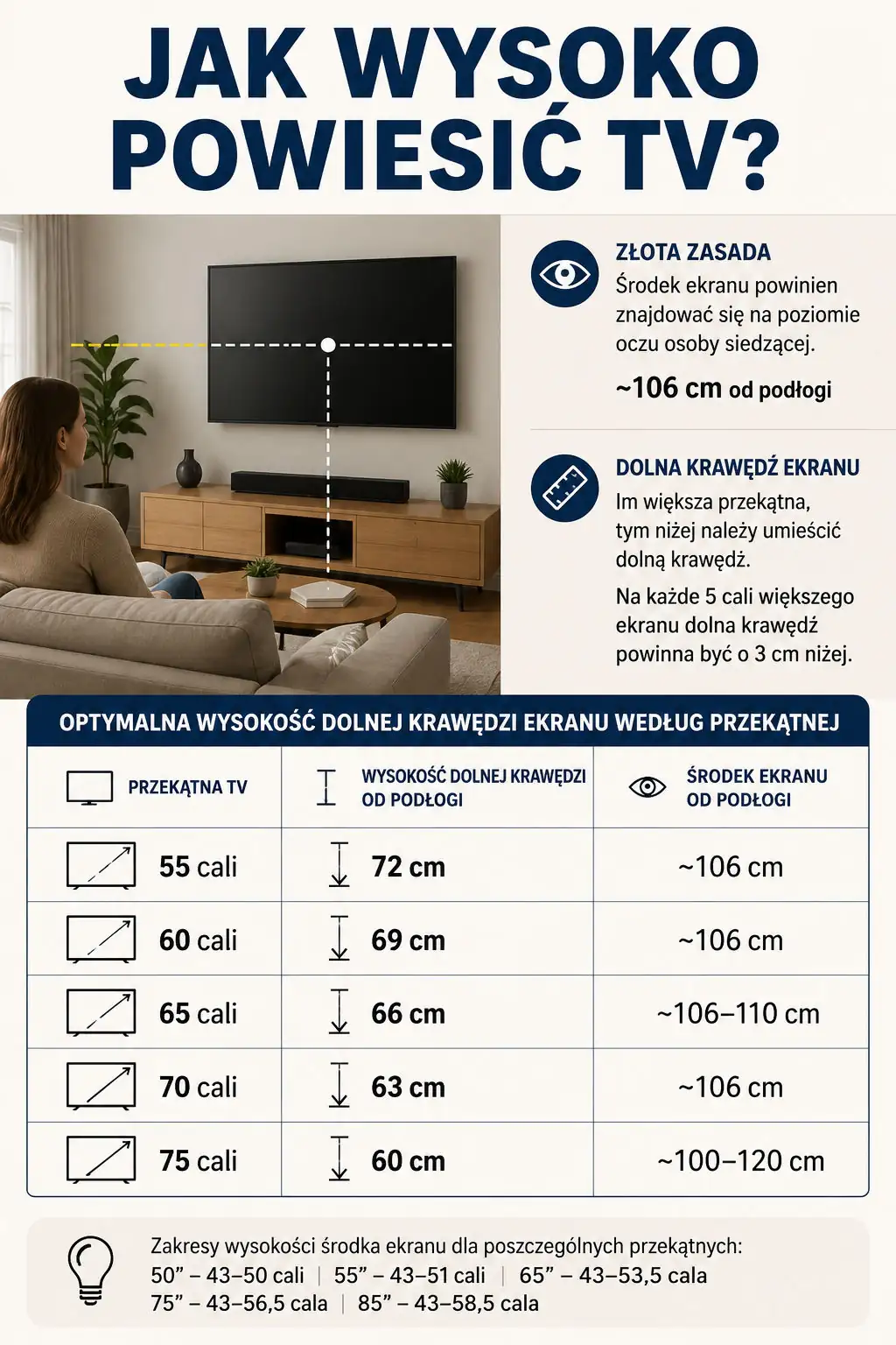 Jak wysoko powiesić TV na ścianie infografika