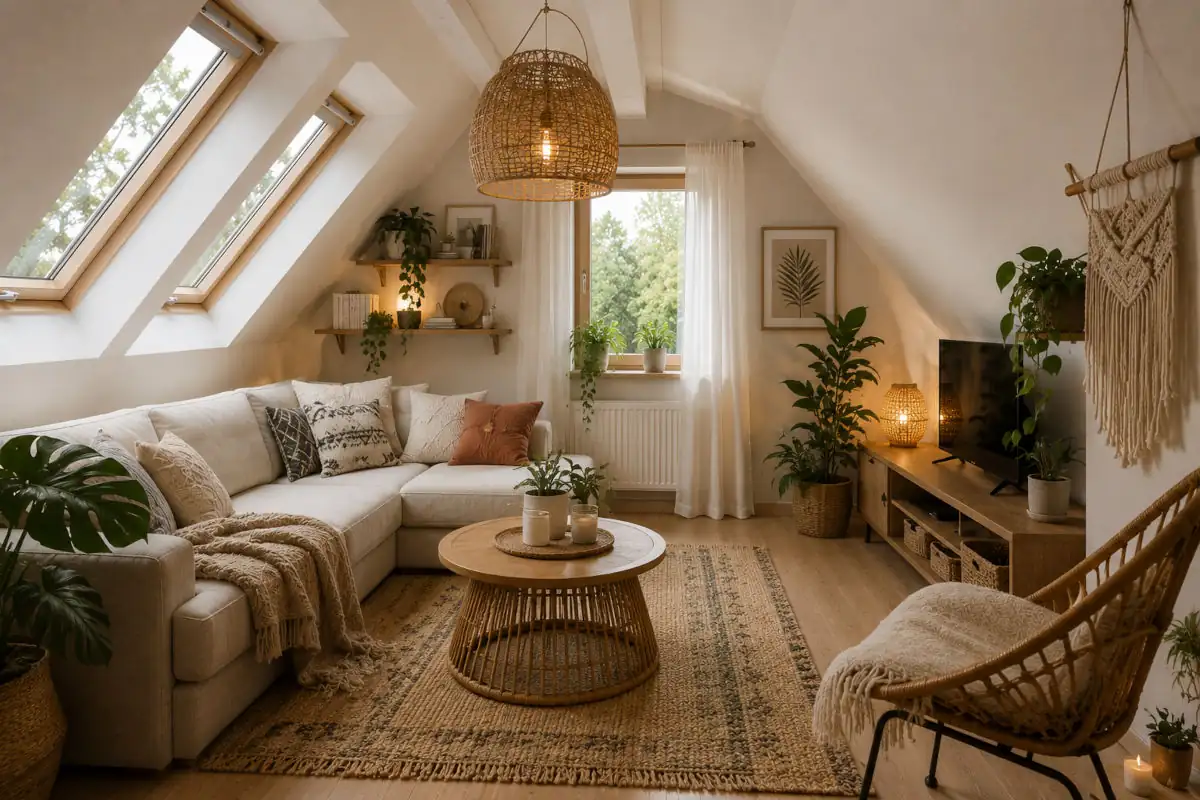 Salon w stylu boho na poddaszu