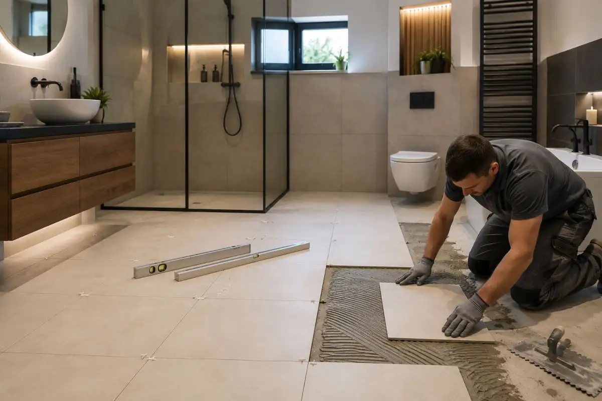 Fliziarz wykorzystuje krzyżyki do płytek 60x60 w łazience